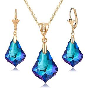 👑Women Bermuda Blue Necklace Drop Dangle Earrings Gold Plated Jewelry Set
